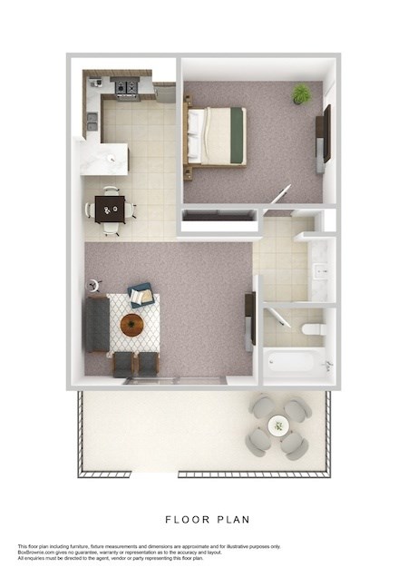 A floor plan of a small apartment with a kitchen, living room, and bathroom.